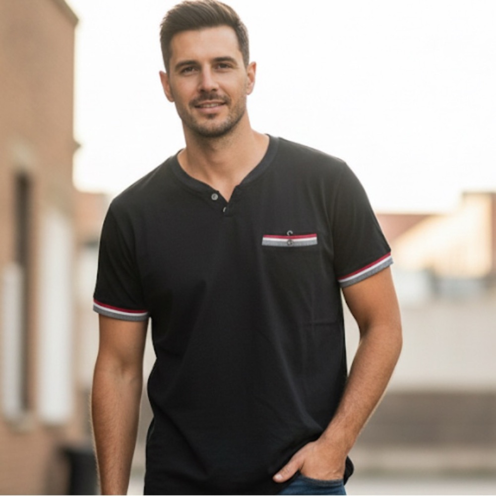 Classic Black Henley Shirt with Red and White Trim